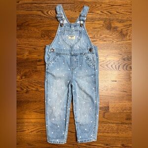 OshKosh B'gosh Girls Light Blue Denim Overalls Pink Hearts Prints Valentine’s 2T
